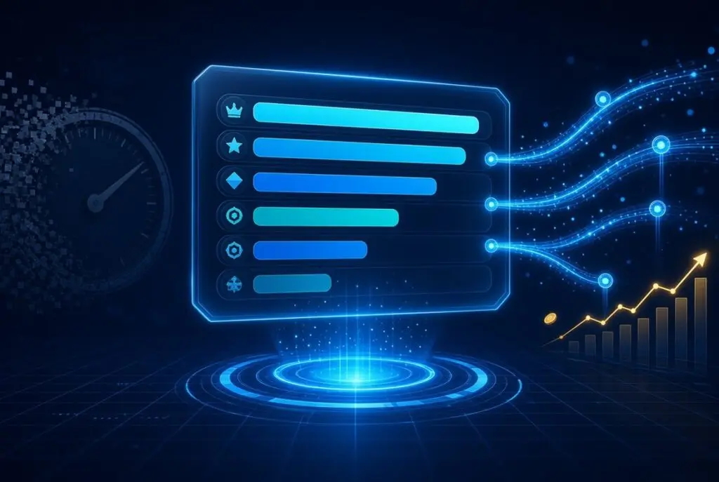 Abstract dark blue illustration of a ranking leaderboard fed by several data sources