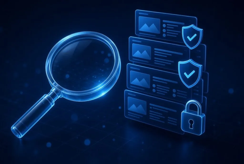 Magnifying glass inspecting website pages with security check shields and padlock