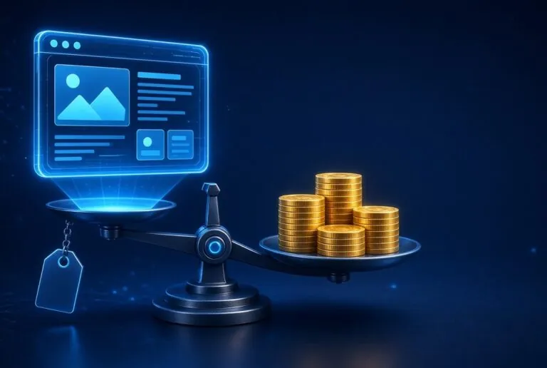 Website balanced on a scale against a stack of gold coins