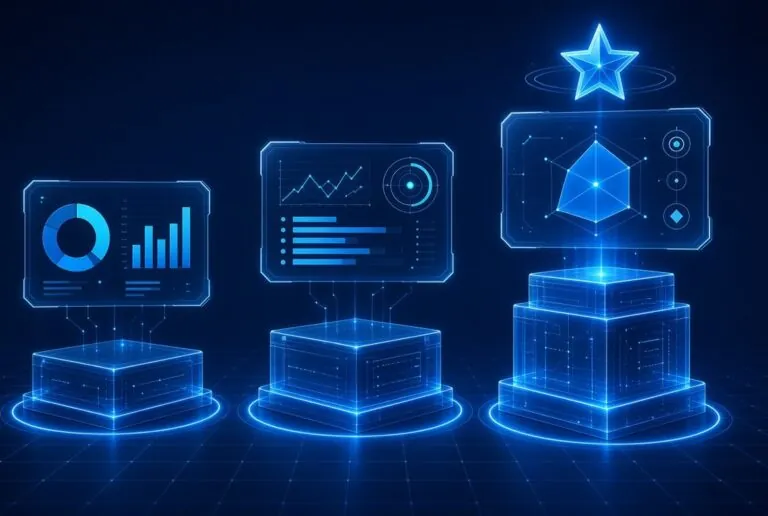 Three glowing podiums with analytics dashboards ranking website appraisal tools