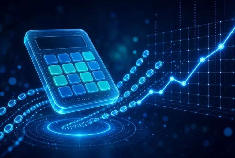Holographic calculator beside a rising revenue line chart