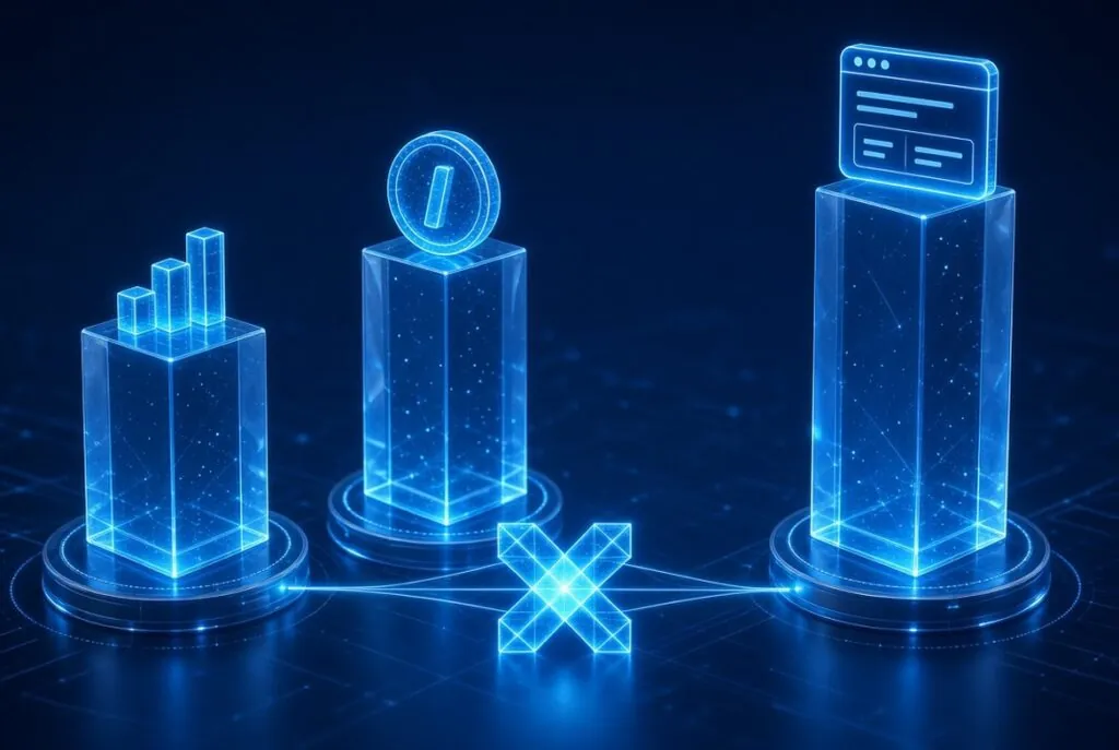 Glowing glass pillars with chart, coin and browser icons representing website valuation methods